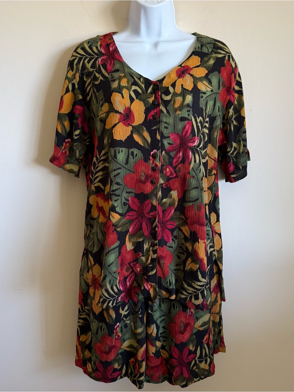 Vintage Ship N Shore Boho Floral Button Up Shirt & High Rise Shorts Set Womens M